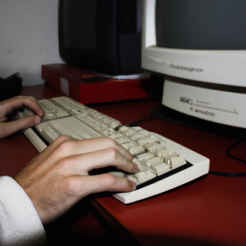 Person coding on vintage computer