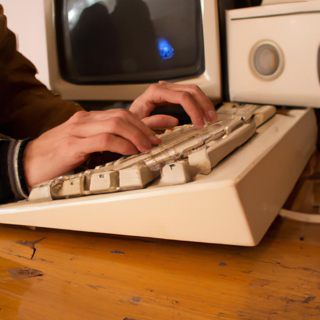 Person typing on vintage computer