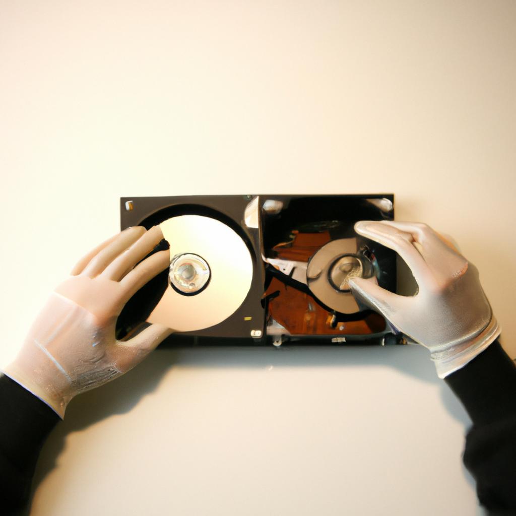 Person cloning hard drive, vintage computing