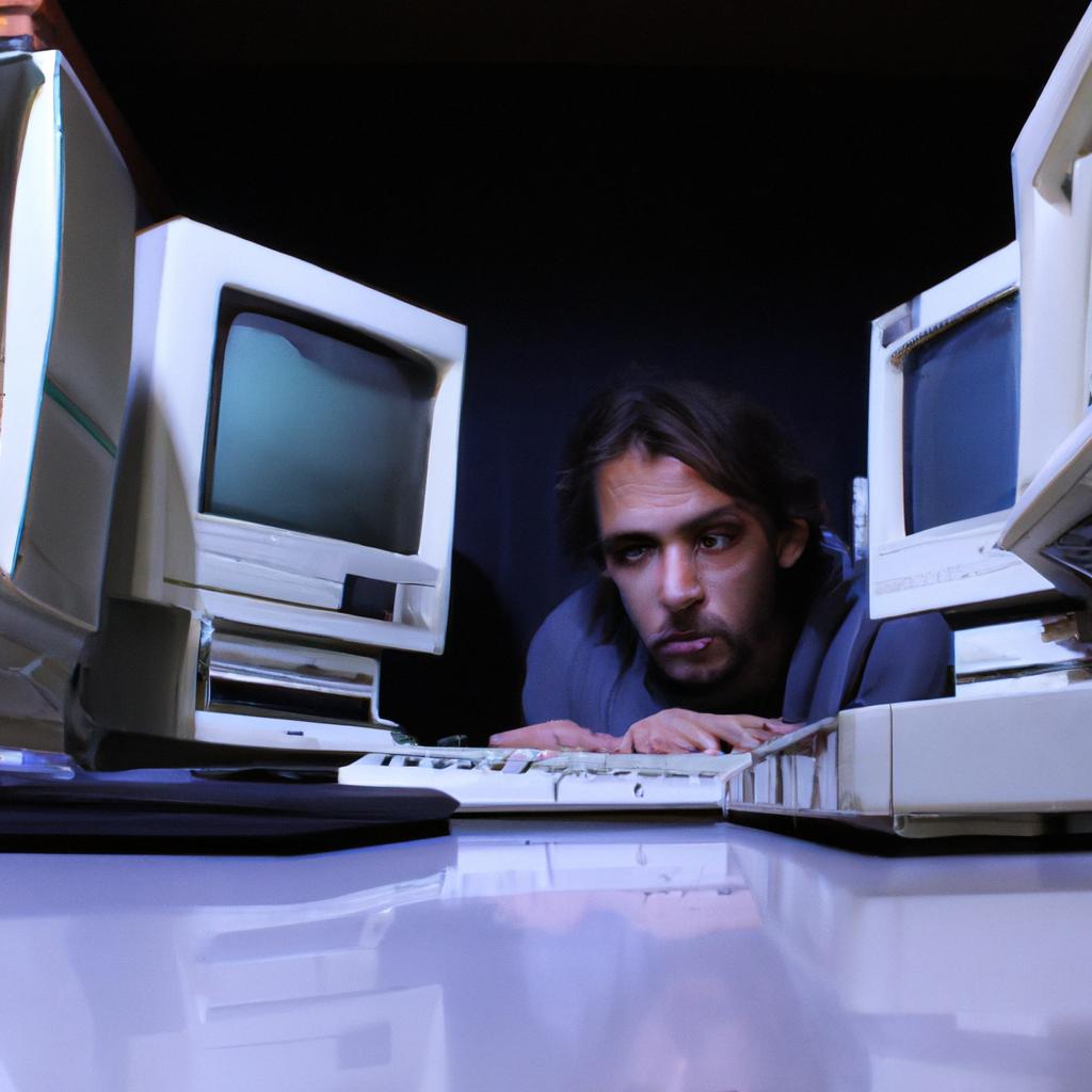 Person surrounded by retro computers