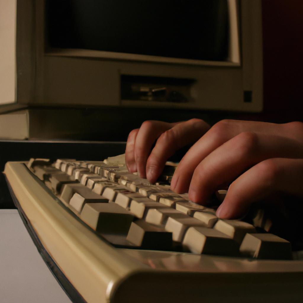 Person typing on vintage computer