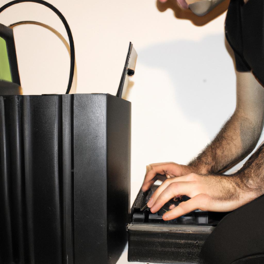 Person with vintage computer equipment